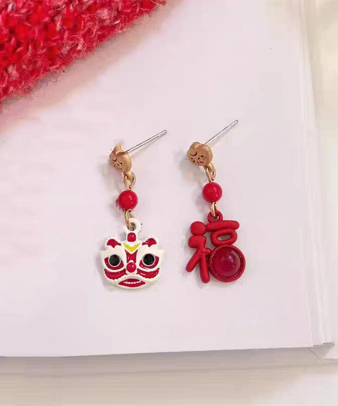 New Year Red Copper Alloy Lion Dance Asymmetrical Drop Earrings