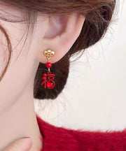 New Year Red Copper Alloy Lion Dance Asymmetrical Drop Earrings