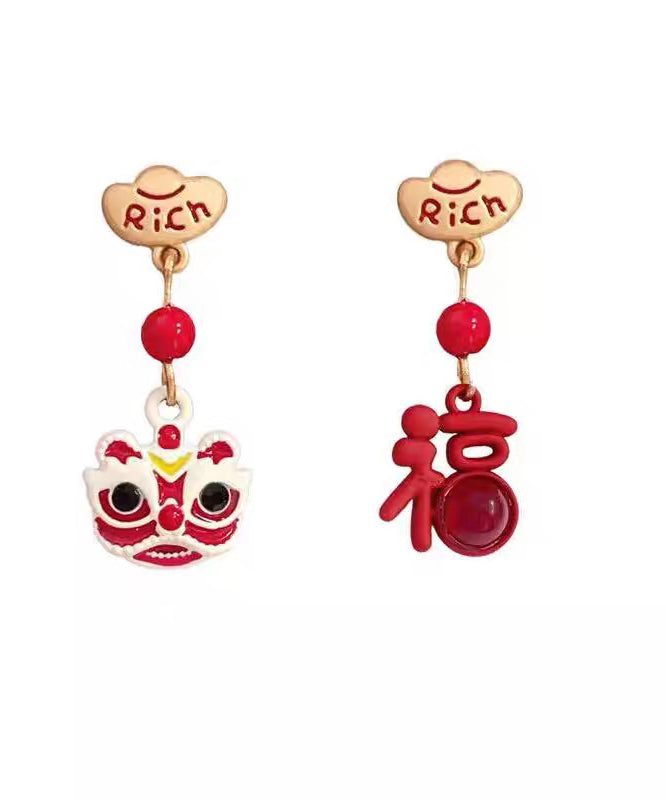 New Year Red Copper Alloy Lion Dance Asymmetrical Drop Earrings