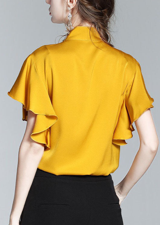 New Yellow Bow Ruffled Patchwork Silk Shirt Tops Summer