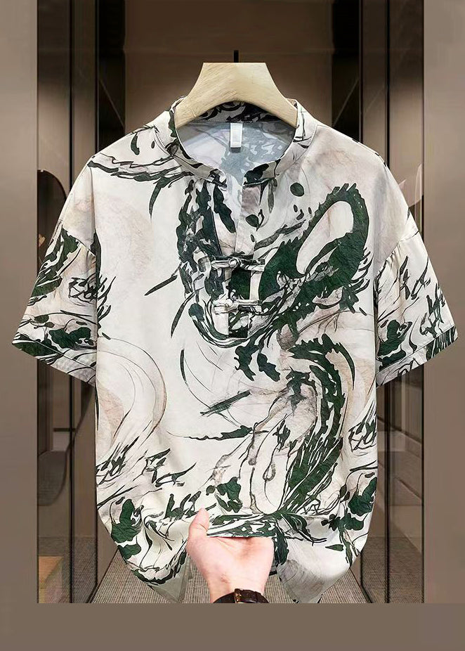 New Yellow Button Print Side Open Ice Silk Mens T Shirt Summer