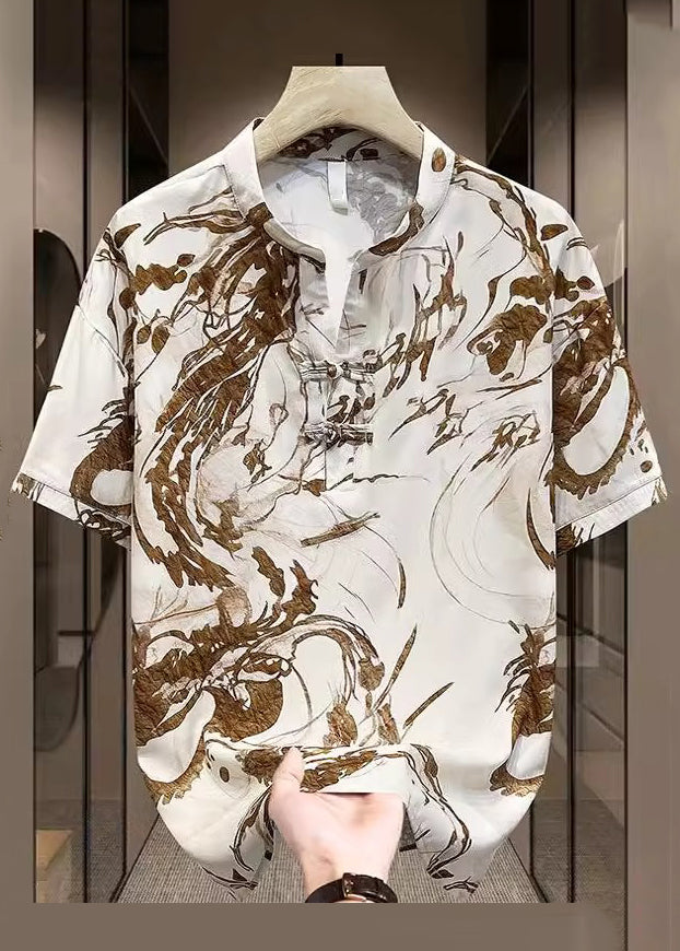 New Yellow Button Print Side Open Ice Silk Mens T Shirt Summer