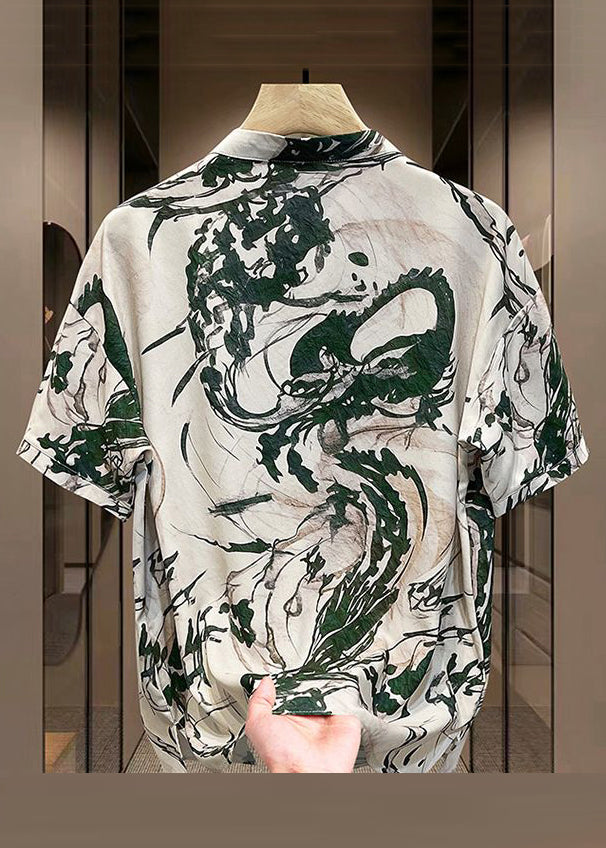 New Yellow Button Print Side Open Ice Silk Mens T Shirt Summer