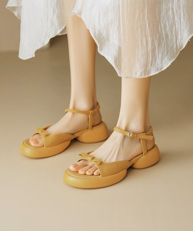 New Yellow Cowhide Leather Splicing Bow Platform Sandals Peep Toe