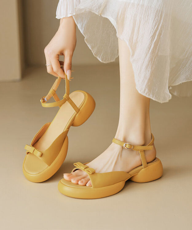 New Yellow Cowhide Leather Splicing Bow Platform Sandals Peep Toe