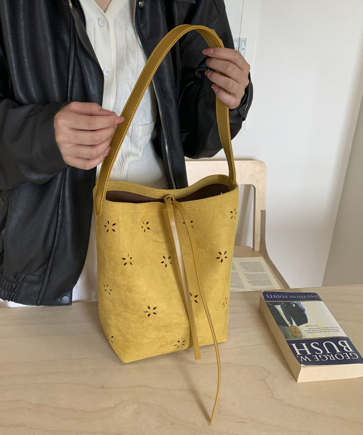 New Yellow Hollow Out Large Capacity Faux Suede Bucket Bag