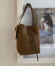 New Yellow Hollow Out Large Capacity Faux Suede Bucket Bag