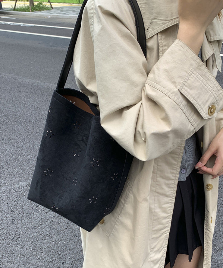 New Yellow Hollow Out Large Capacity Faux Suede Bucket Bag