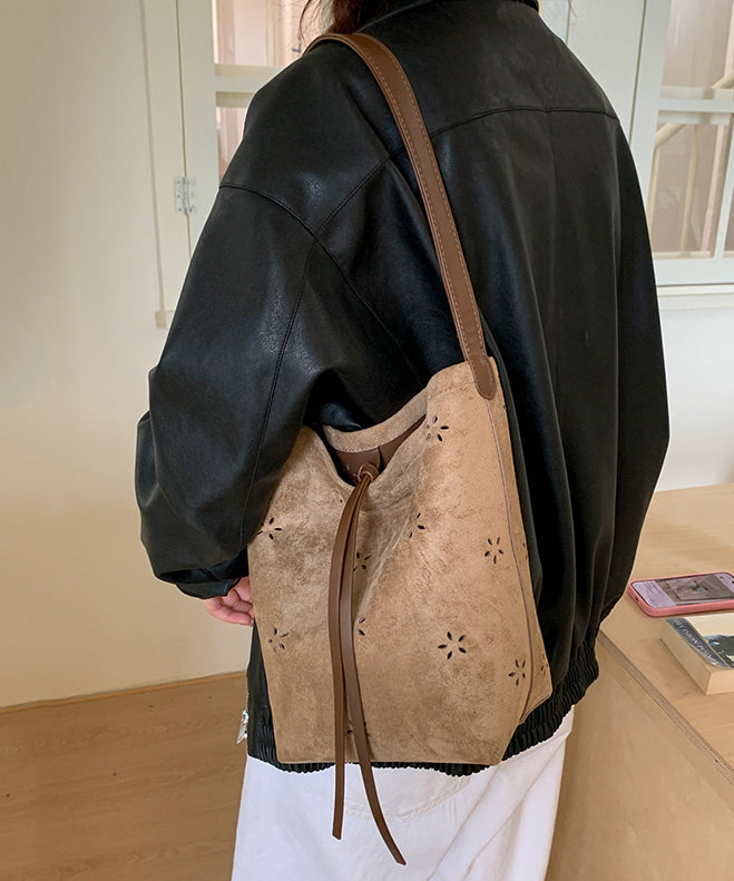 New Yellow Hollow Out Large Capacity Faux Suede Bucket Bag