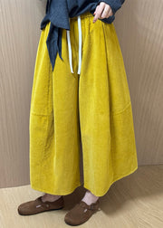 New Yellow Lace Up Elastic Waist Corduroy Crop Pants Fall