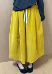 New Yellow Lace Up Elastic Waist Corduroy Crop Pants Fall