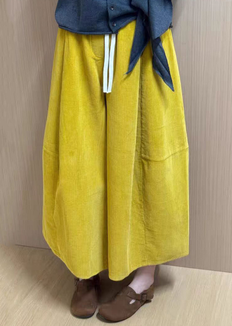 New Yellow Lace Up Elastic Waist Corduroy Crop Pants Fall