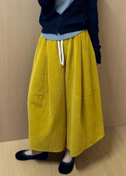 New Yellow Lace Up Elastic Waist Corduroy Crop Pants Fall