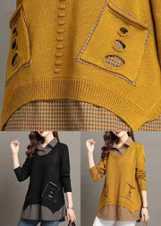 New Yellow Peter Pan Collar Plaid Patchwork Knit Sweater Fall