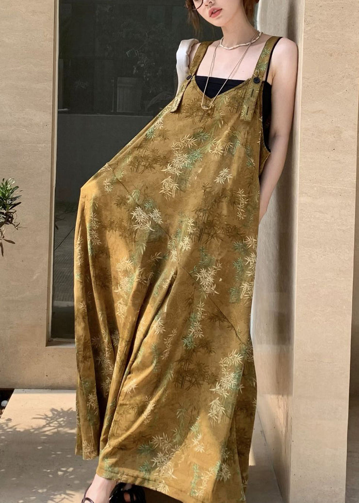 New Yellow Print Button Cotton Wide Leg Jumpsuits Sleeveless