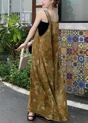 New Yellow Print Button Cotton Wide Leg Jumpsuits Sleeveless