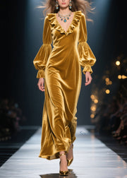 New Yellow Ruffled Patchwork Velvet Maxi Dresses Fall