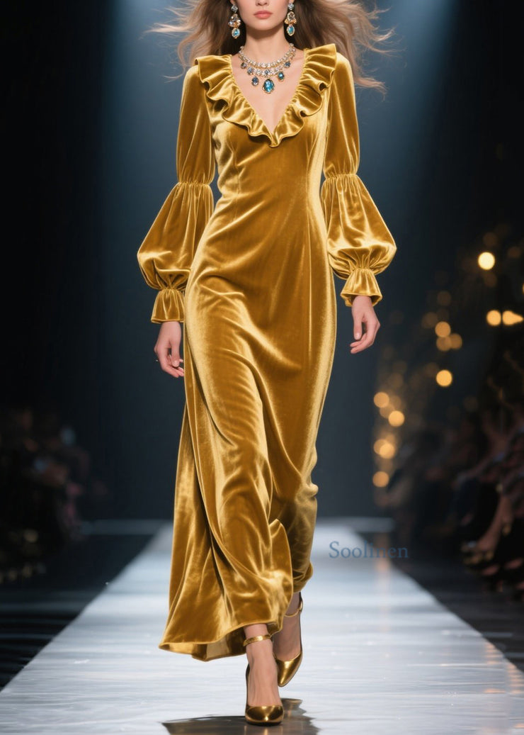 New Yellow Ruffled Patchwork Velvet Maxi Dresses Fall