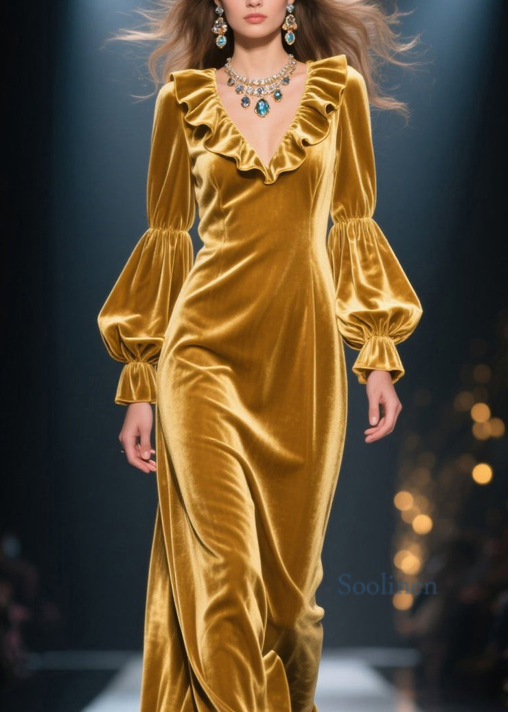 New Yellow Ruffled Patchwork Velvet Maxi Dresses Fall