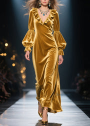 New Yellow Ruffled Patchwork Velvet Maxi Dresses Fall