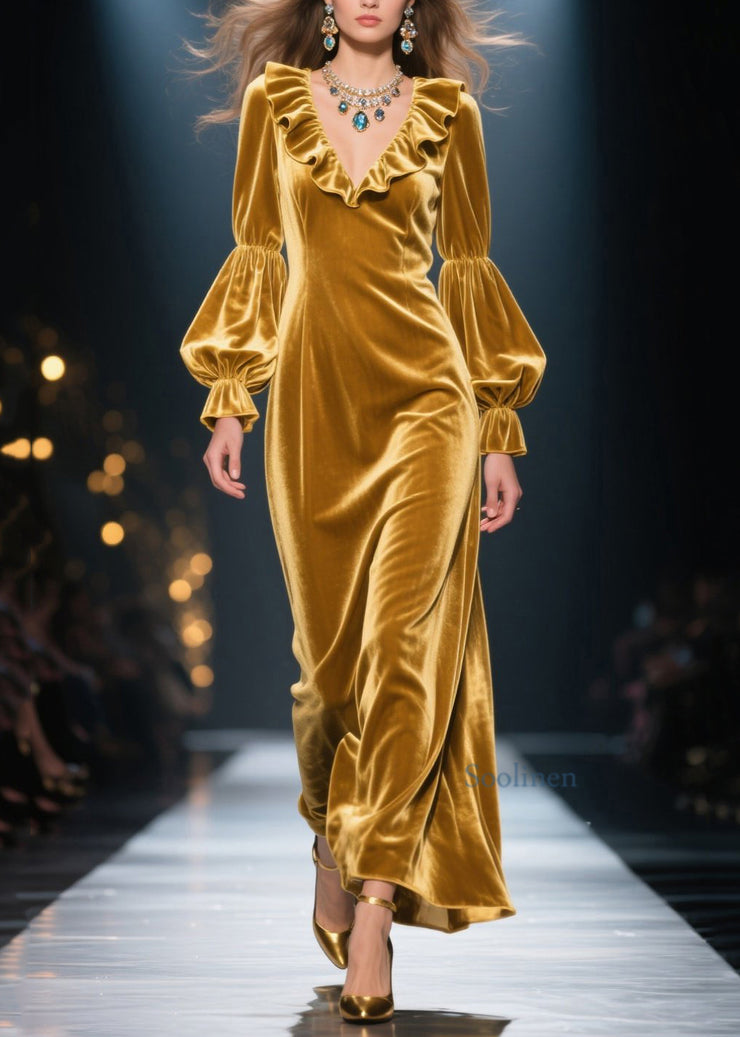 New Yellow Ruffled Patchwork Velvet Maxi Dresses Fall