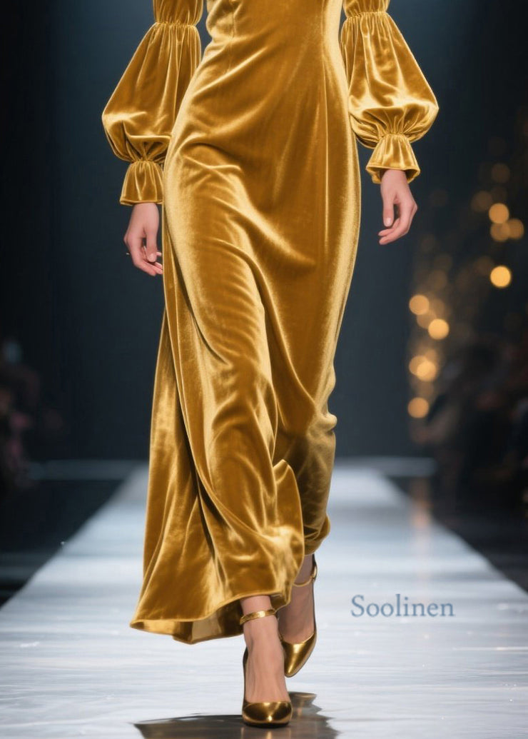 New Yellow Ruffled Patchwork Velvet Maxi Dresses Fall