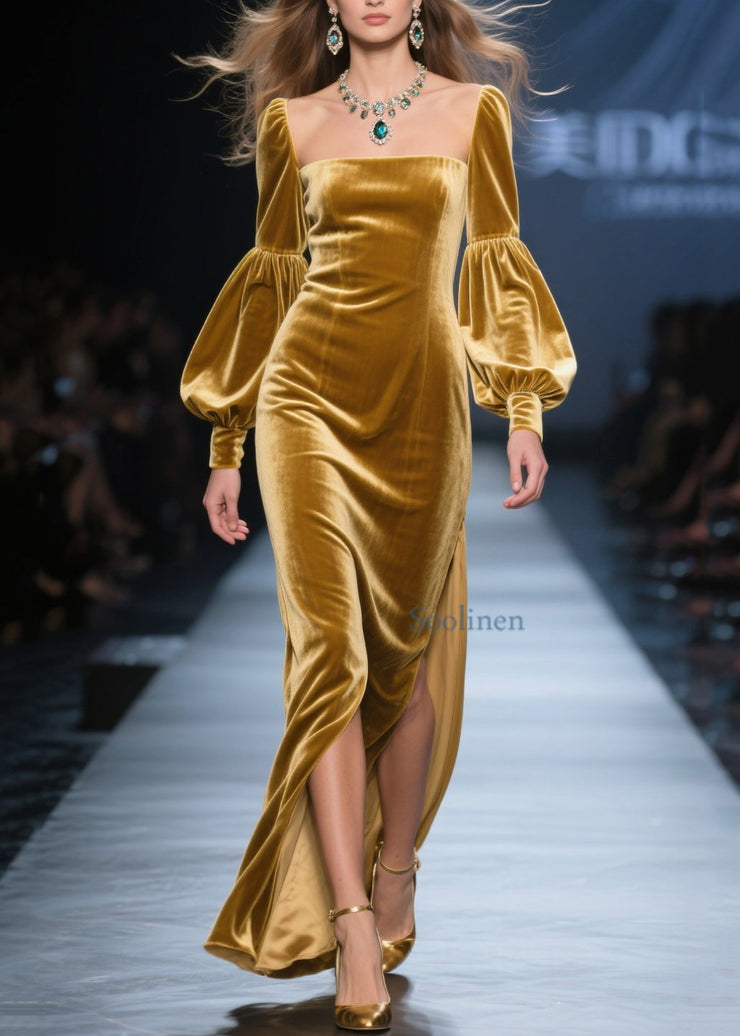 New Yellow Square Collar Side Open Velvet Maxi Dresses Fall