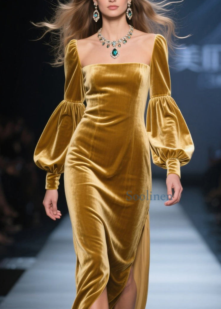 New Yellow Square Collar Side Open Velvet Maxi Dresses Fall