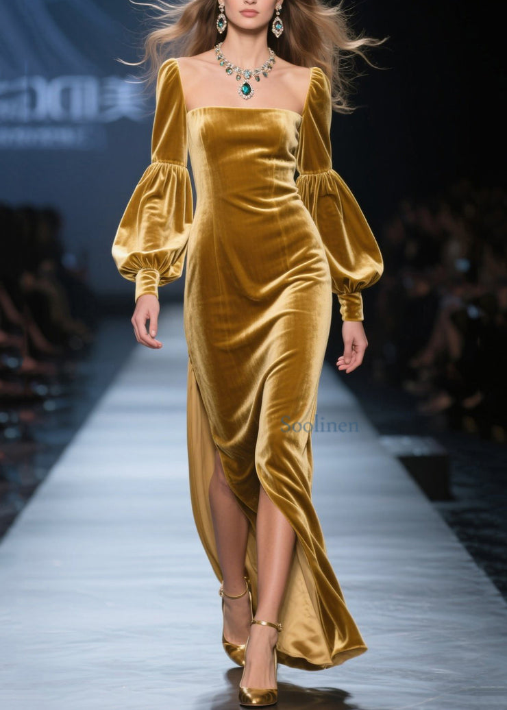 New Yellow Square Collar Side Open Velvet Maxi Dresses Fall
