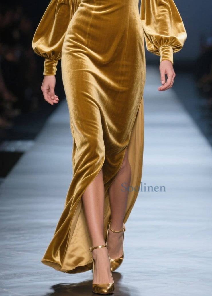 New Yellow Square Collar Side Open Velvet Maxi Dresses Fall
