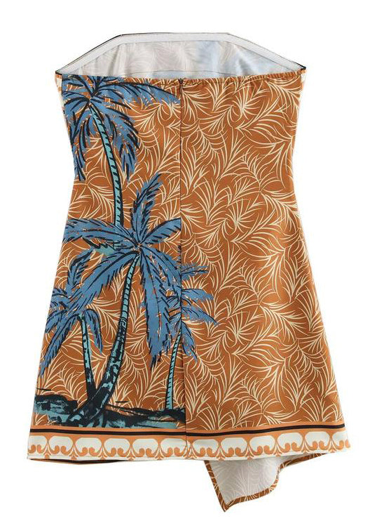 New Yellow Strapless Print Cotton Mini Dresses Sleeveless