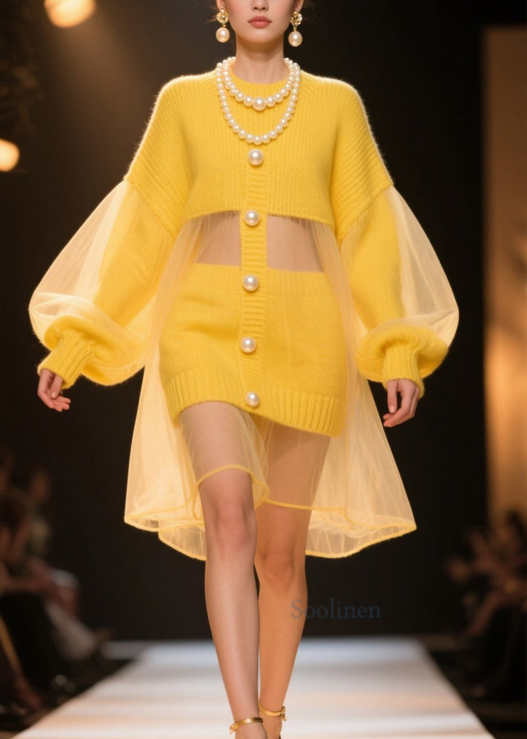New Yellow Tulle Patchwork Knit Sweater Dress Lantern Sleeve