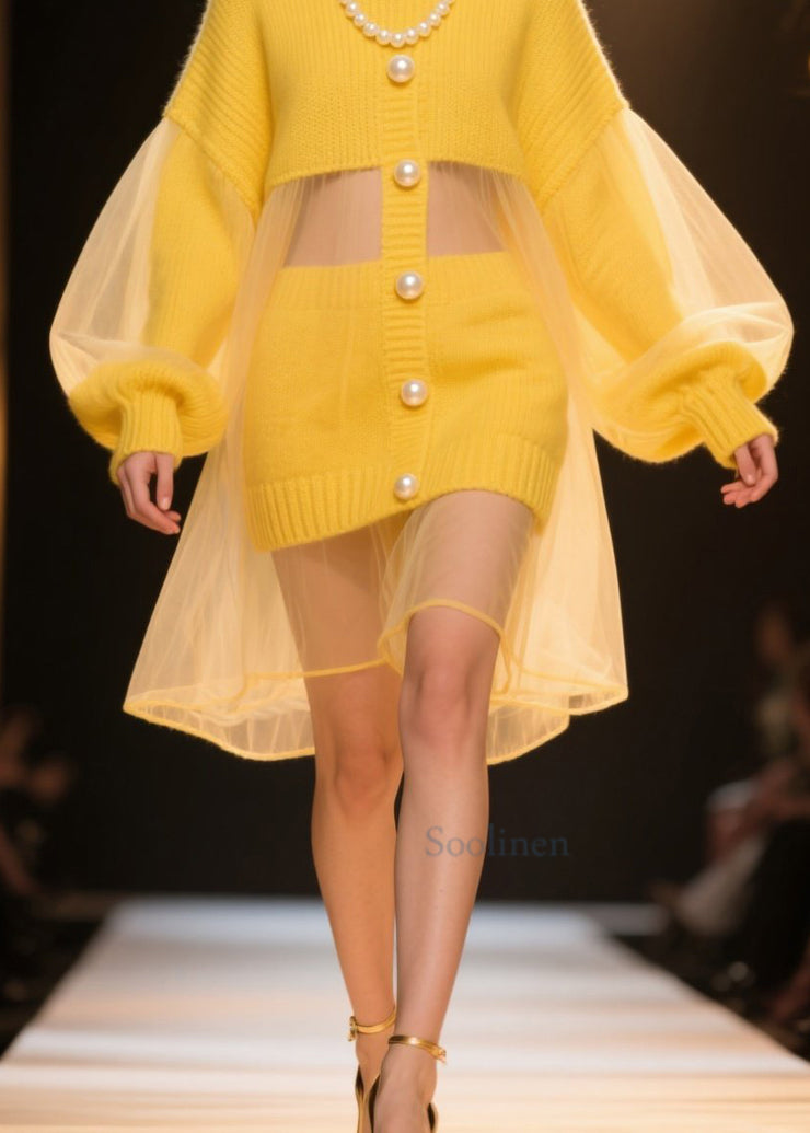 New Yellow Tulle Patchwork Knit Sweater Dress Lantern Sleeve