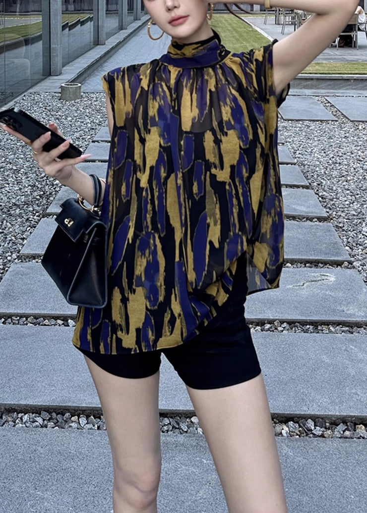 New Yellow Turtleneck Print Lace Up Cotton Blouses Summer