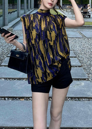 New Yellow Turtleneck Print Lace Up Cotton Blouses Summer