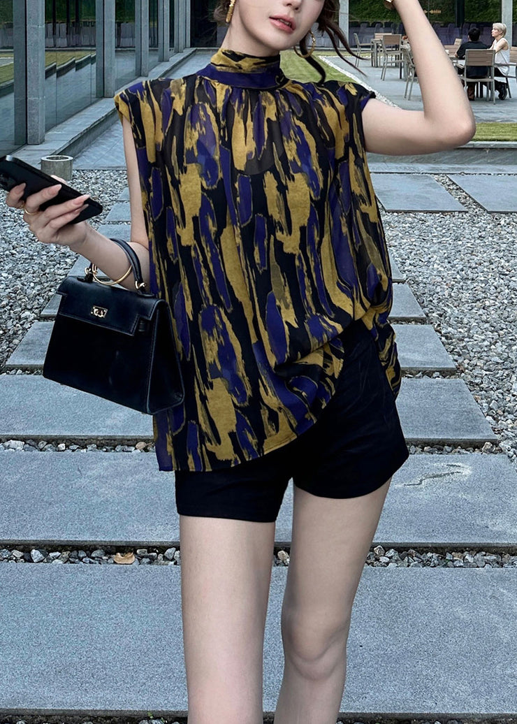 New Yellow Turtleneck Print Lace Up Cotton Blouses Summer
