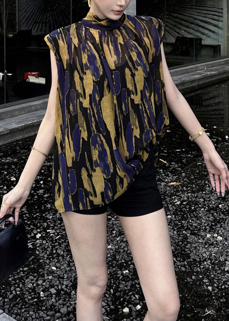 New Yellow Turtleneck Print Lace Up Cotton Blouses Summer