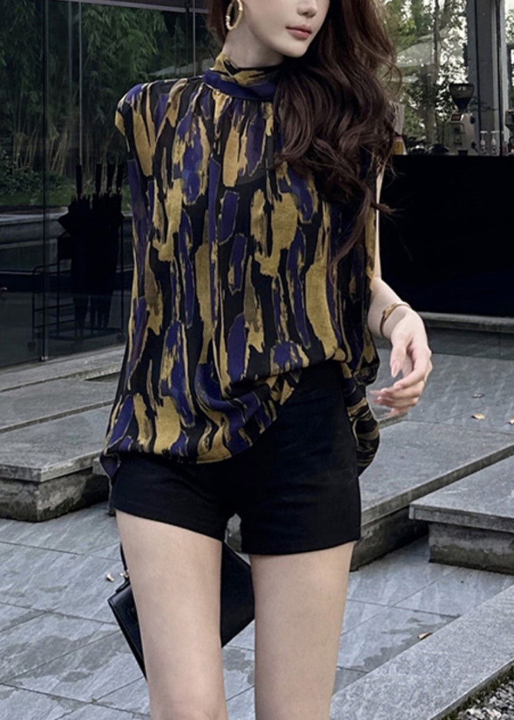 New Yellow Turtleneck Print Lace Up Cotton Blouses Summer