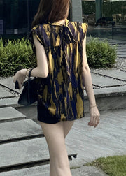 New Yellow Turtleneck Print Lace Up Cotton Blouses Summer