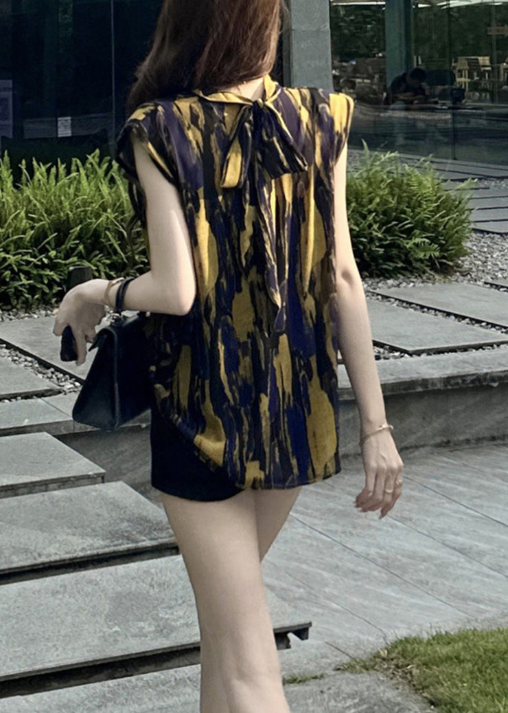 New Yellow Turtleneck Print Lace Up Cotton Blouses Summer