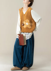 New Yellow V Neck Floral Knit Vest Cotton T Shirt And Corduroy Pants 3 Piece Set Fall