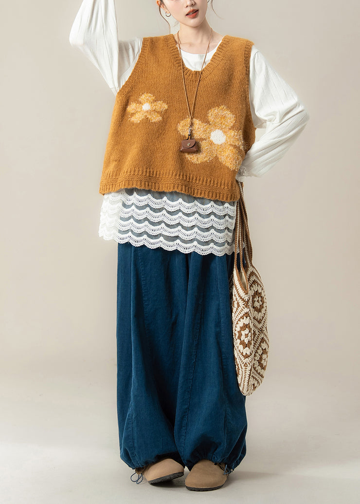 New Yellow V Neck Floral Knit Vest Cotton T Shirt And Corduroy Pants 3 Piece Set Fall