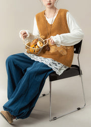 New Yellow V Neck Floral Knit Vest Cotton T Shirt And Corduroy Pants 3 Piece Set Fall