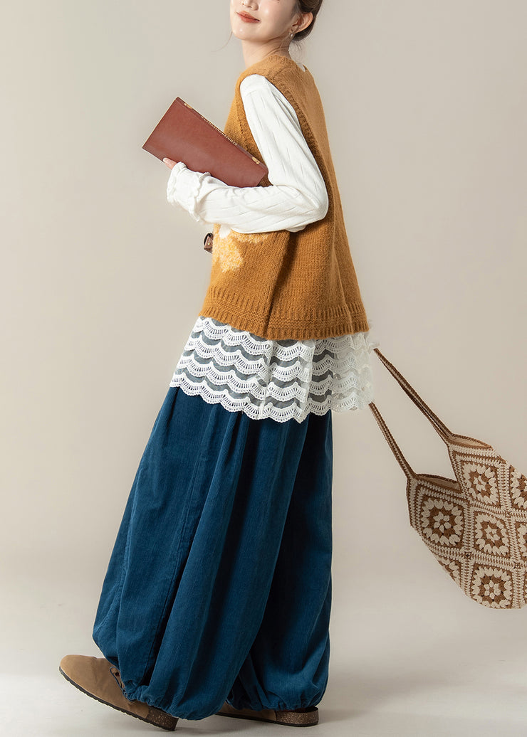 New Yellow V Neck Floral Knit Vest Cotton T Shirt And Corduroy Pants 3 Piece Set Fall