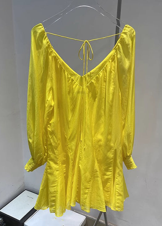 New Yellow V Neck Lace Up Solid Cotton Mini Dress Spring
