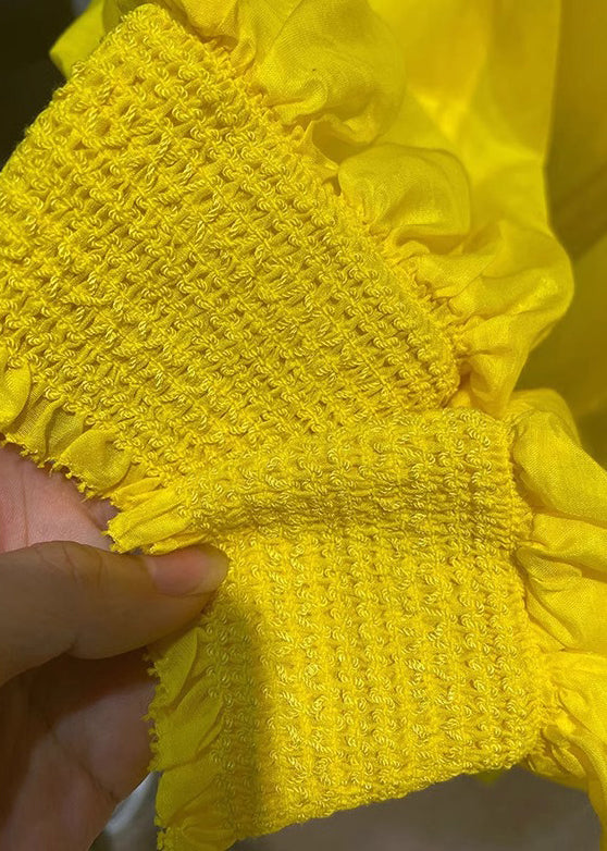 New Yellow V Neck Lace Up Solid Cotton Mini Dress Spring