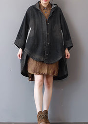 Neue dunkelgraue Denim-Mäntel, trendiger Plus-Size-Trenchcoat mit Kapuze, feiner Low-High-Design-Mantel