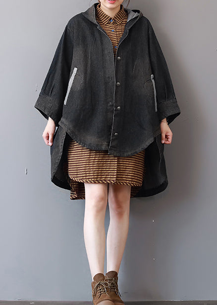 Neue dunkelgraue Denim-Mäntel, trendiger Plus-Size-Trenchcoat mit Kapuze, feiner Low-High-Design-Mantel