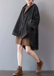 Neue dunkelgraue Denim-Mäntel, trendiger Plus-Size-Trenchcoat mit Kapuze, feiner Low-High-Design-Mantel