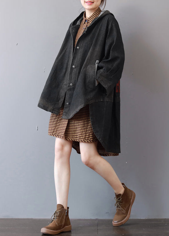 Neue dunkelgraue Denim-Mäntel, trendiger Plus-Size-Trenchcoat mit Kapuze, feiner Low-High-Design-Mantel